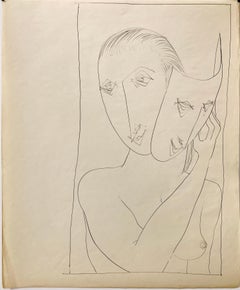 1950s "Mask" Mid Century Nude Ink Figure Drawing NYC Artist