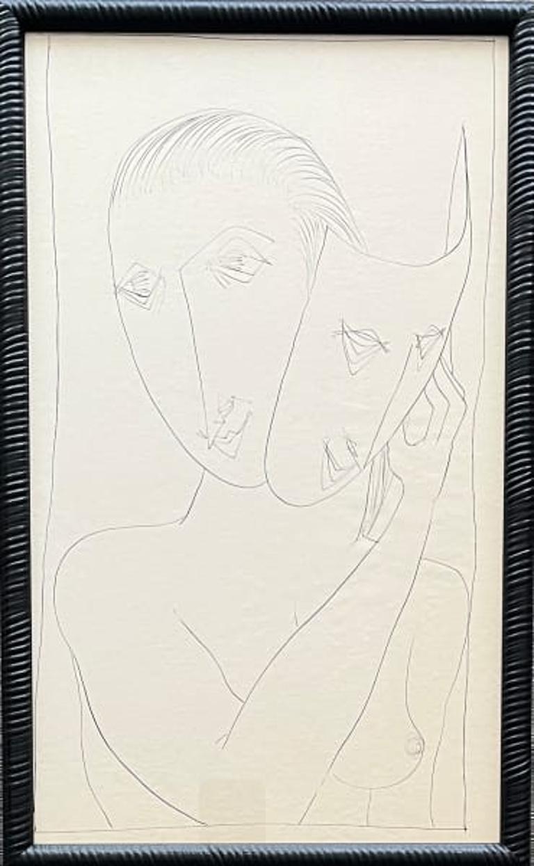 1950s "Mask" Mid Century Nude Ink Figure Drawing NYC Artist