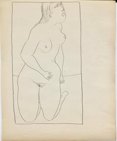 Encre figurative du milieu du siècle « On Knees » des années 1950 Université de Paris