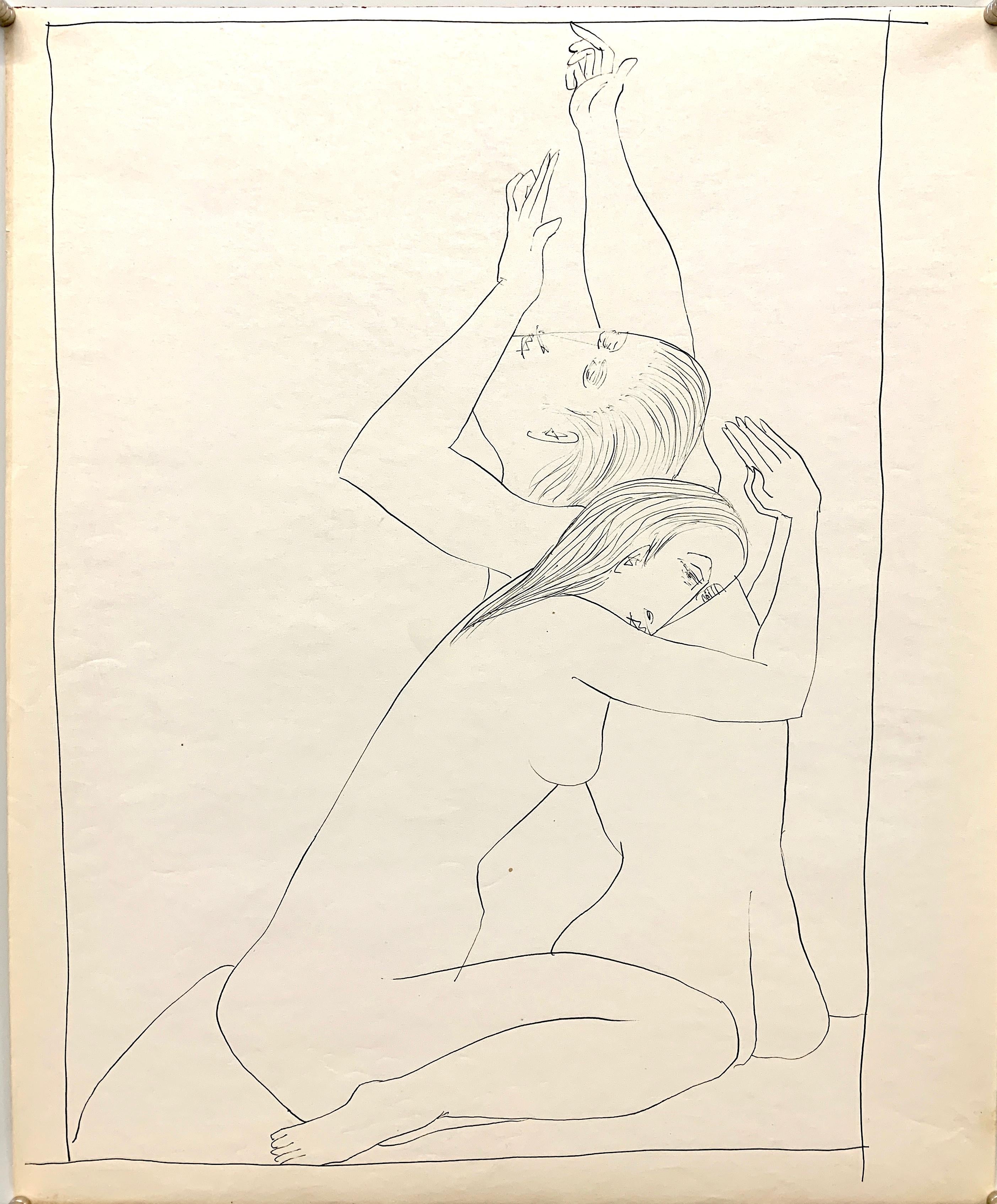 1950s "Reaching & Praying" Mid Century Figurative Ink Line Drawing NYC Artist