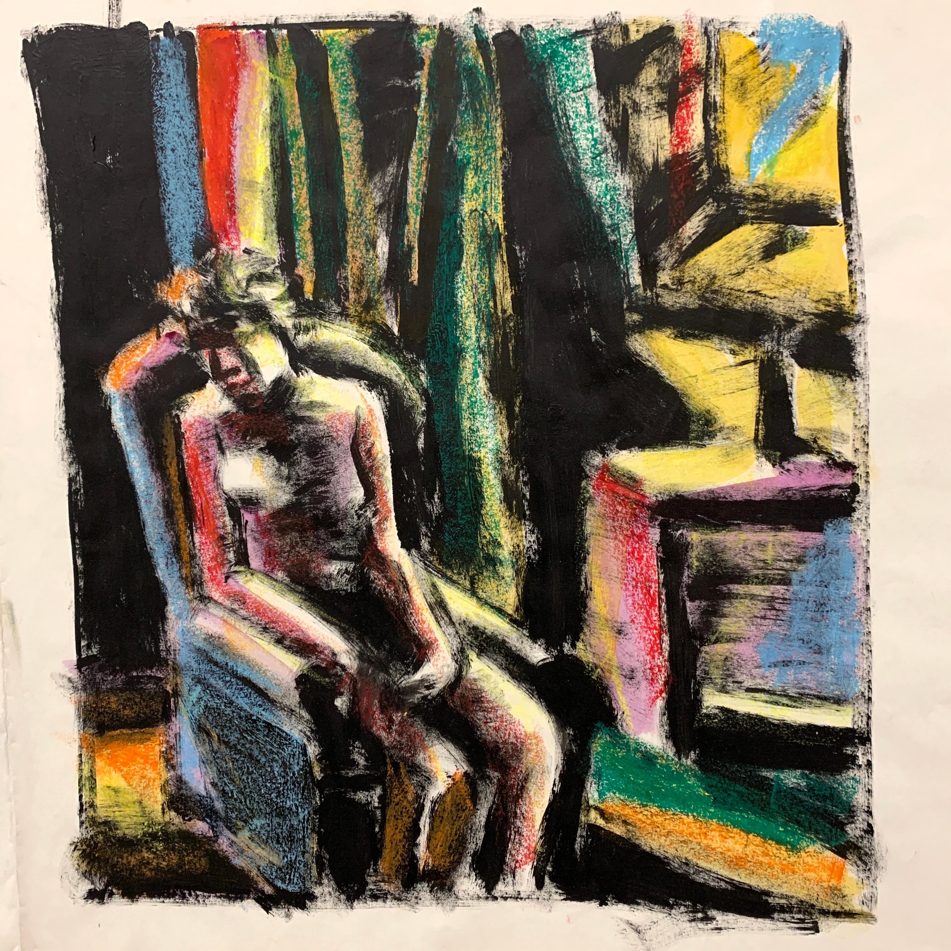 Donald Stacy Abstract Drawing – 1950er Jahre ""Sitting in Chair" Figuratives Pratt Graphic Arts Center aus der Mitte des Jahrhunderts