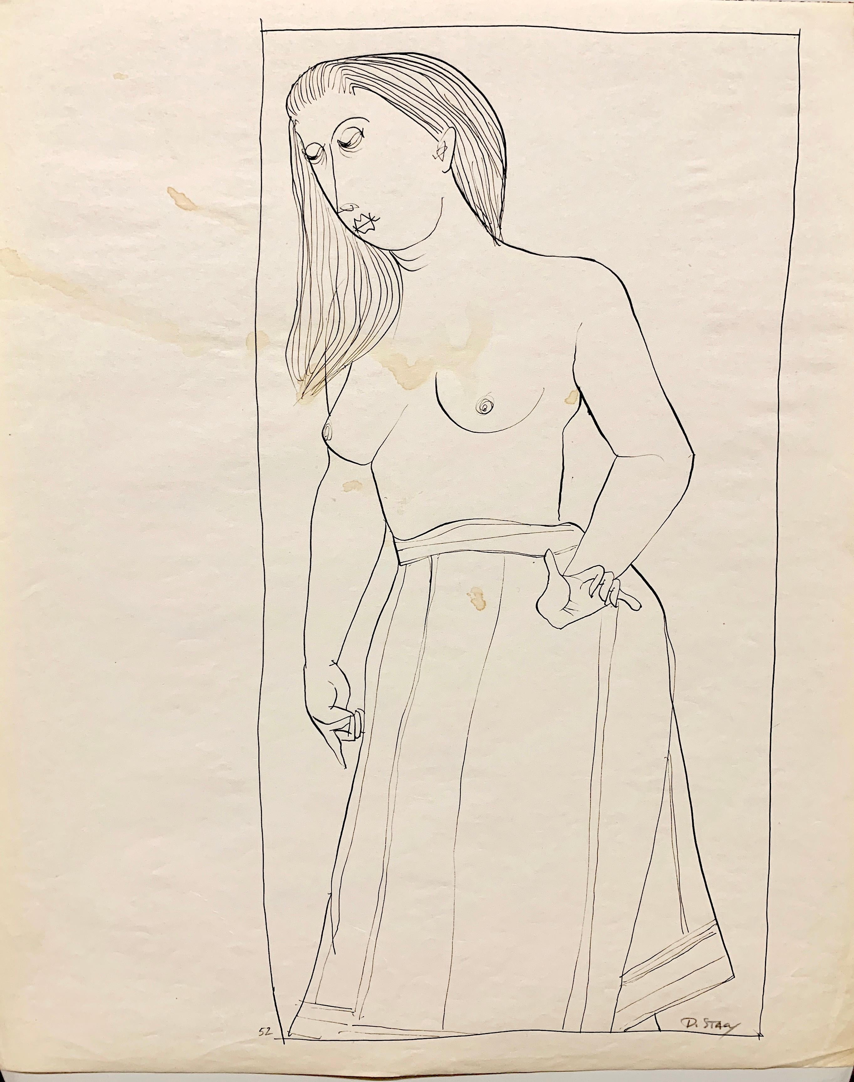 Donald Stacy Figurative Art – 1950er Jahre ""Topless"" Mid-Century Figurative Tusche Linie Zeichnung 