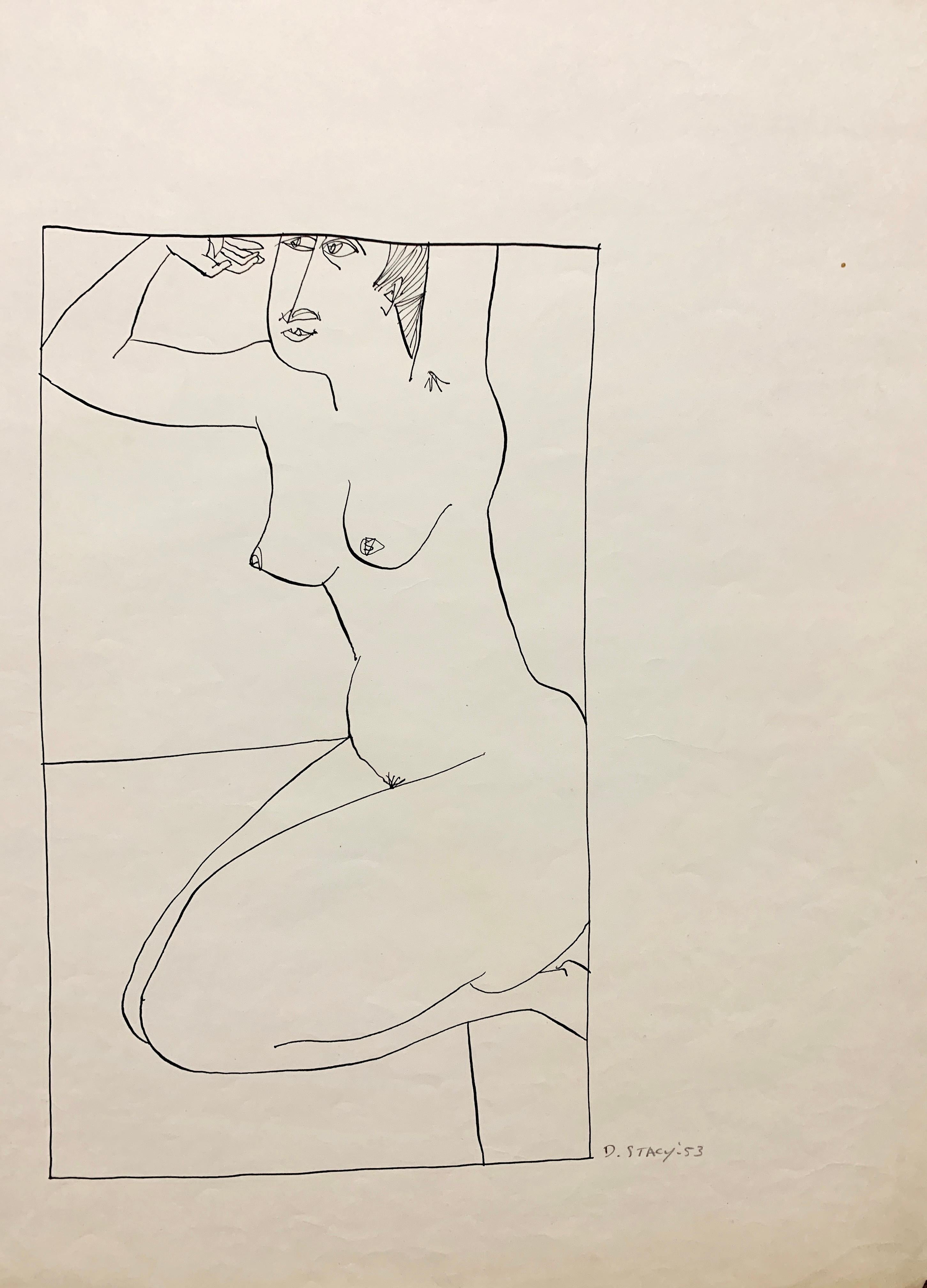 1950s "Waiting" Mid Century Female Nude Ink Drawing NYC Artist