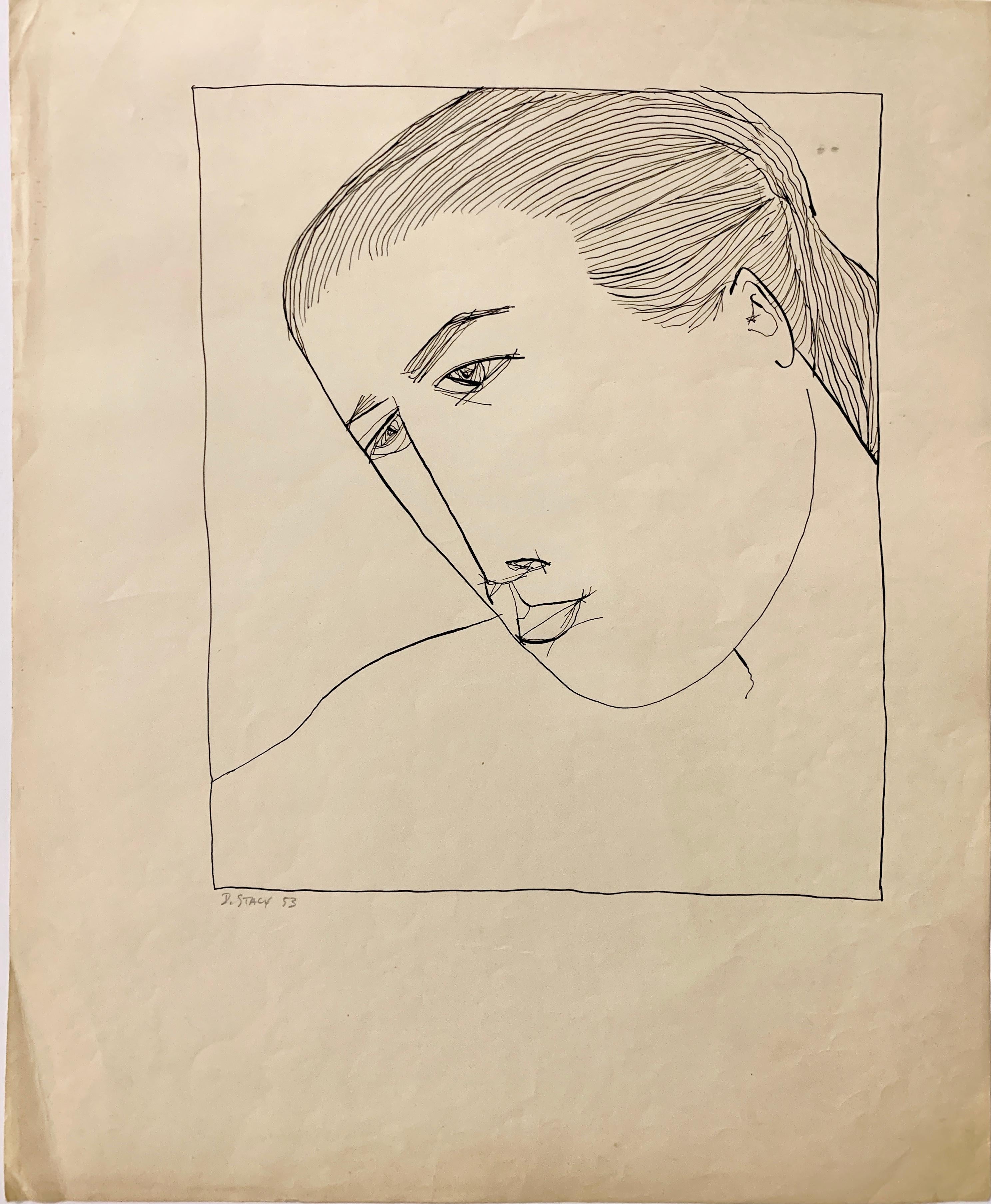 Tintenporträtzeichnung „Upclose Portrait“ aus der Mitte des Jahrhunderts, 1950er Jahre  im Angebot 1