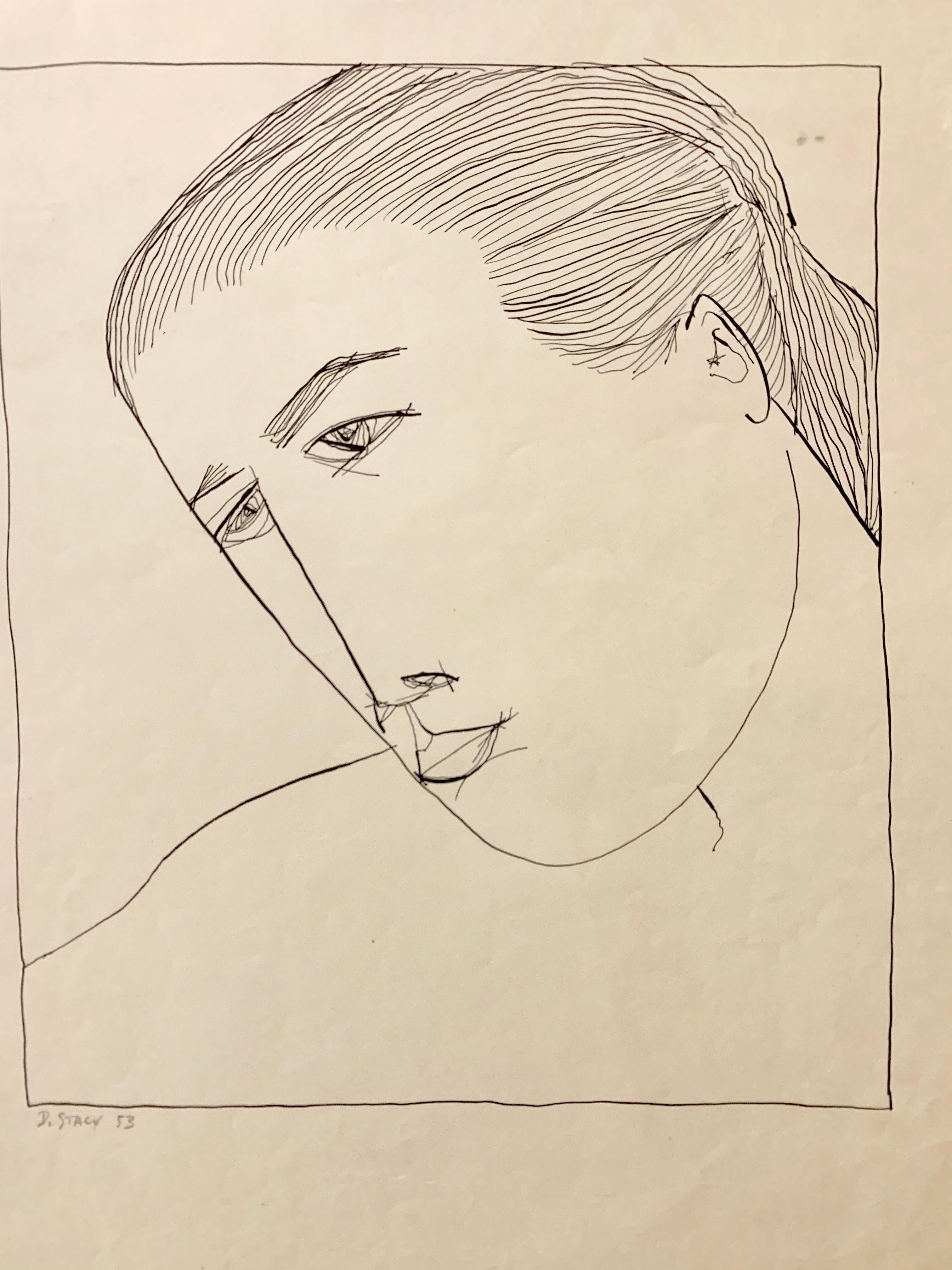 Tintenporträtzeichnung „Upclose Portrait“ aus der Mitte des Jahrhunderts, 1950er Jahre  (Amerikanische Moderne), Art, von Donald Stacy