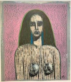 « Femme avec des boucles d'oreilles bleues » - Dessin figuratif moderniste américain - Artiste de Californie