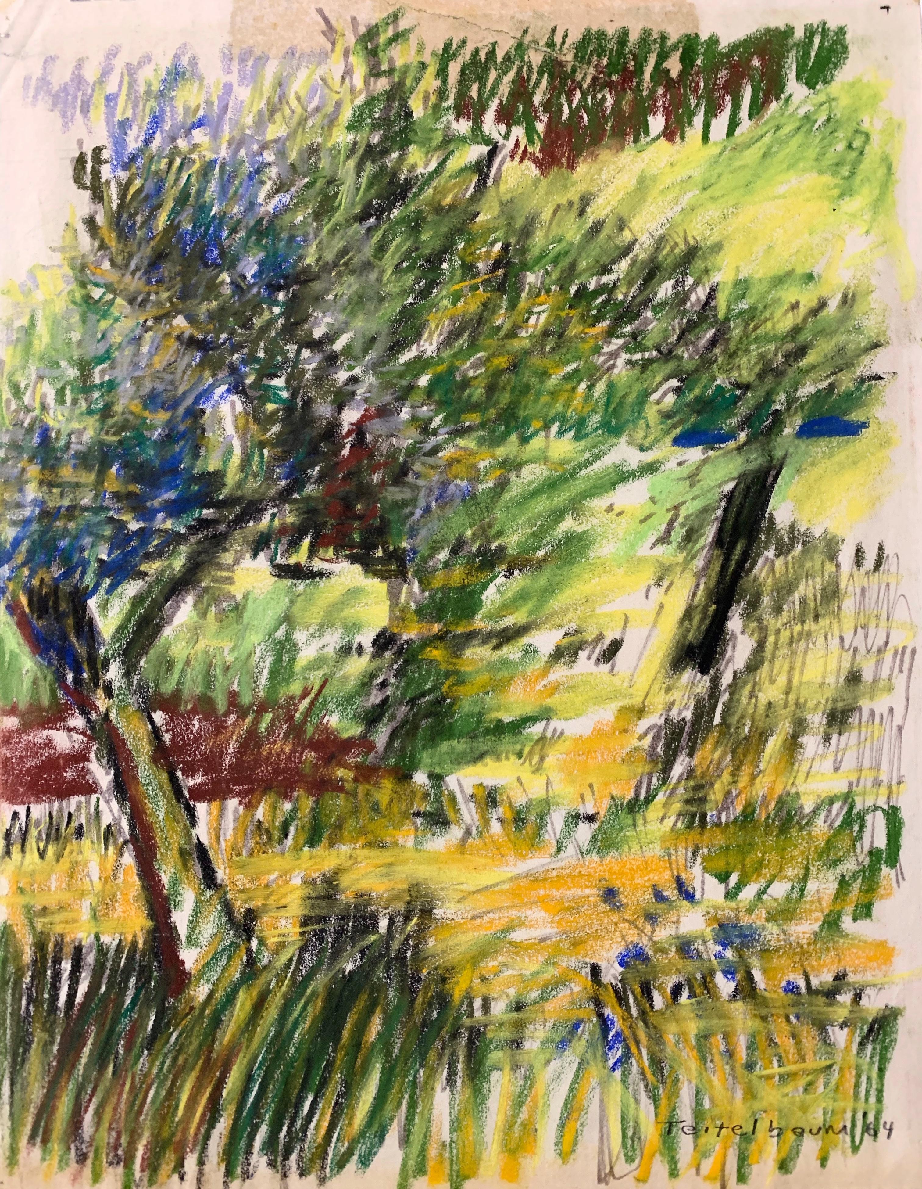 1964  "Tree with Blue" Pastel Impressionist Landscape Drawing NYC Female Artist