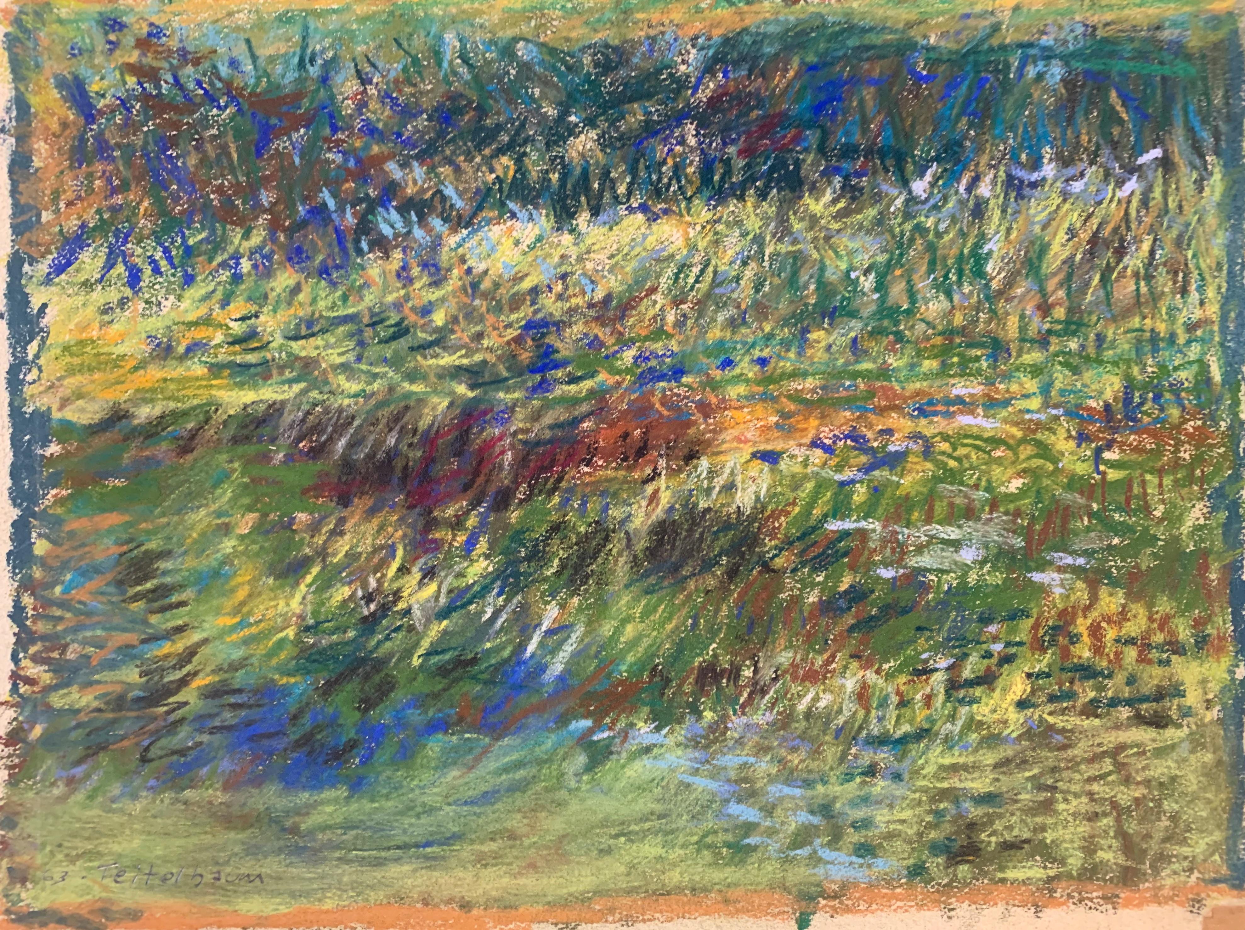 1963 "Pond" Pastel Impressionist Landscape Drawing NYC Female Artist