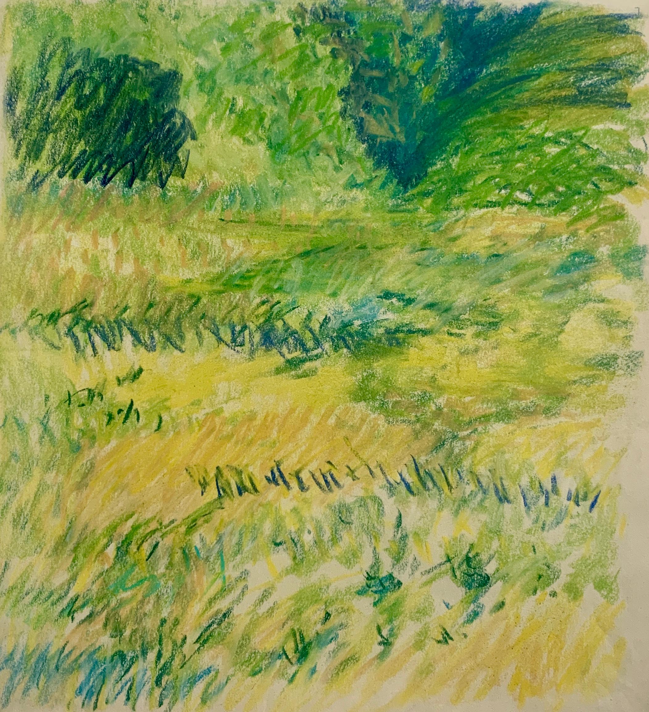 1960s "Bright Yellow" Pastel Impressionist Landscape Drawing NYC Female Artist