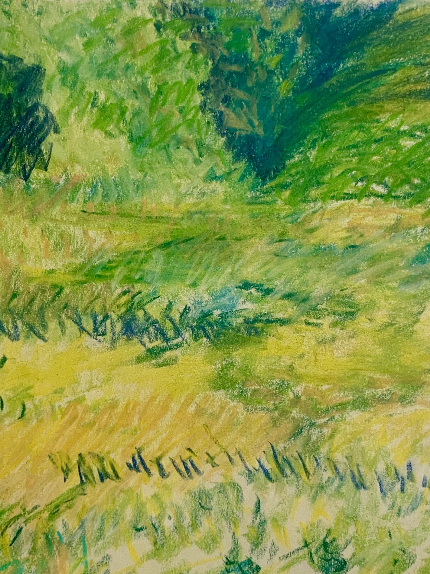 Dessin de paysage impressionniste au pastel jaune brillant d'une artiste féminine de New York, années 1960 - Impressionnisme américain Art par Edith Isaac-Rose