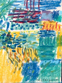 1960s "Cubed Abstract" Pastel Impressionist Landscape Drawing NYC Female Artist