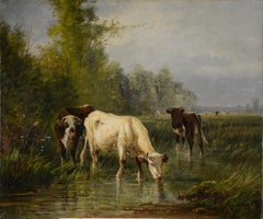 Victorian School Barbazon Paesaggio Animale Pittura ad olio Bestiame che si abbevera nel campo