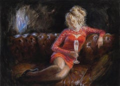 « Lady in Red », grande huile, beau mannequin blond prenant du champagne sur un canapé