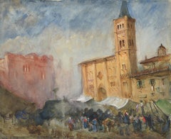 A Market Scene in Venice Italy with historic buildings and figures in market
