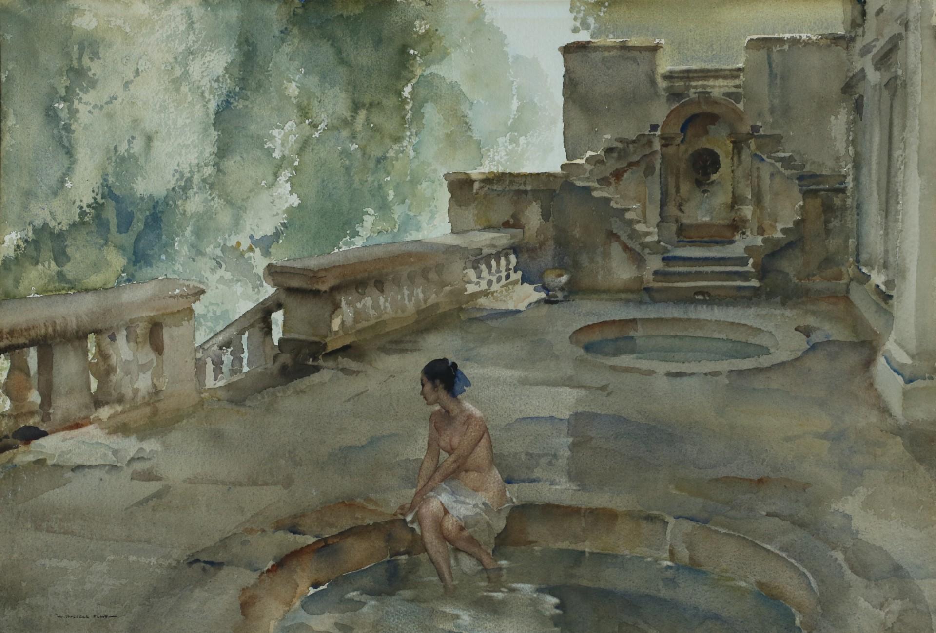 Sir William Russell Flint RA ROI  Figurative Art - Cecilia Lake Orta - Naked model in beautiful Villa Italy original watercolour