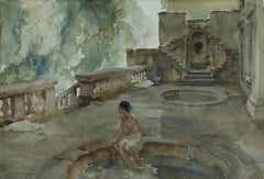 Antique Cecilia Lake Orta - Naked model in beautiful Villa Italy original watercolour