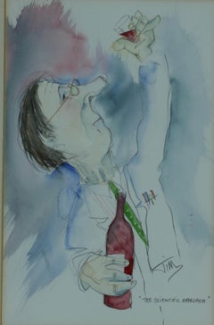 The Scientific Approach - Humourous  Cartoon of man quaffing wine - Watercolour
