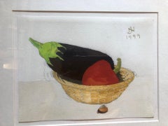Nature morte d'aubergines et de poivrons rouges dans un panier, aquarelle de style minimal