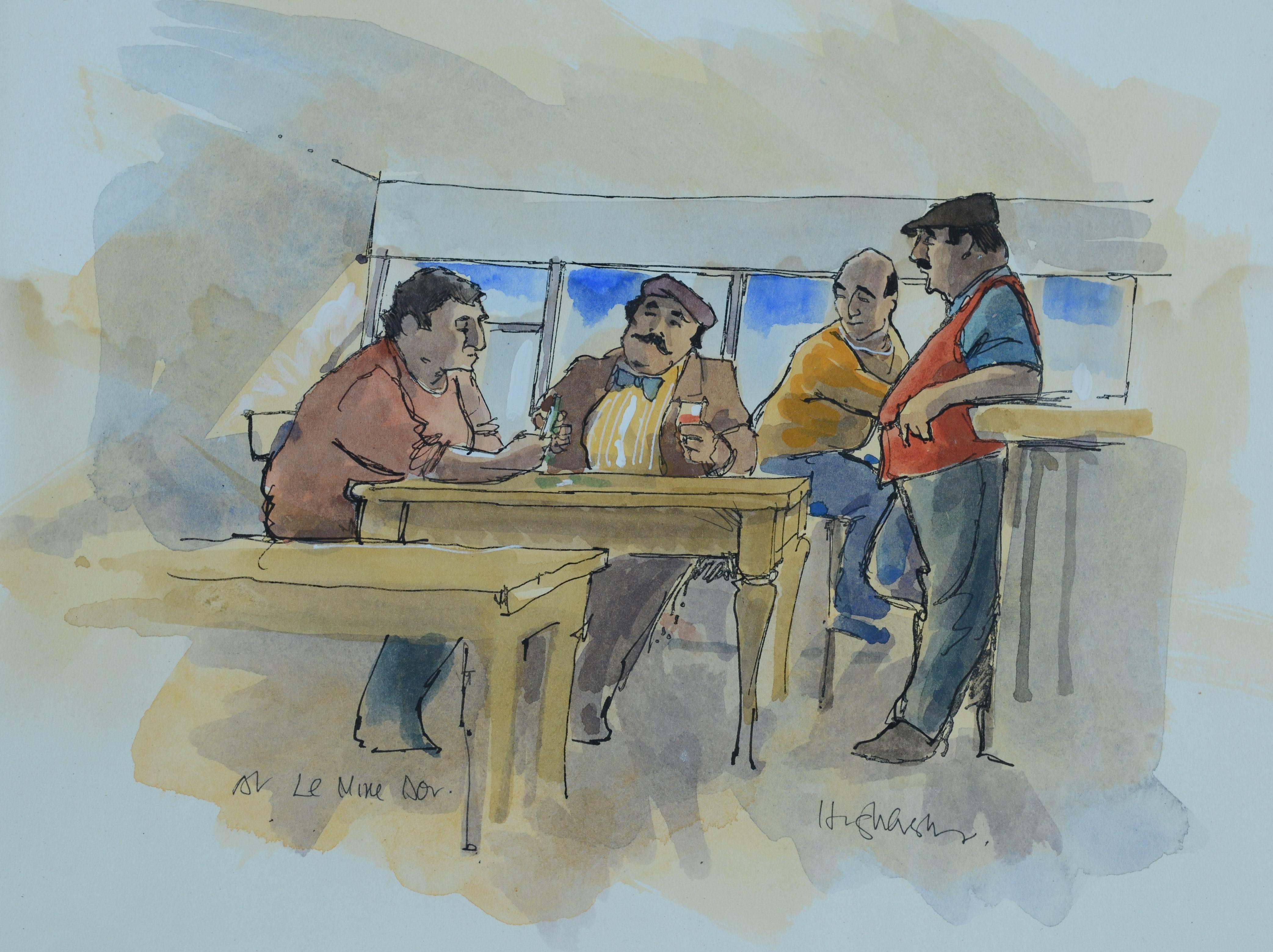 Three Cartoon style Frenchmen drinking in Bar Signed Original  Watercolour