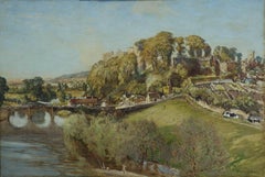 Blick auf Dinham und Ludlow Castle, große Aquarell-Landschaft aus dem Jahr C19