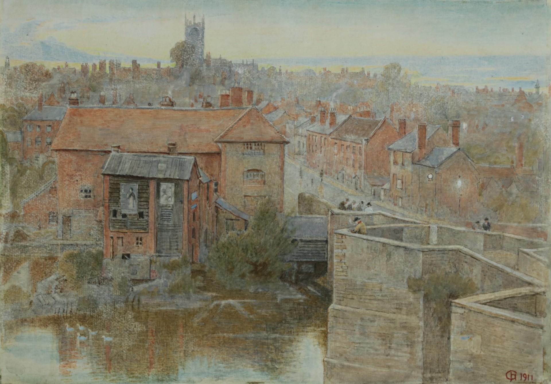 Paesaggio di mulino sul fiume, acquerello del primo Novecento  Ludlow, Inghilterra