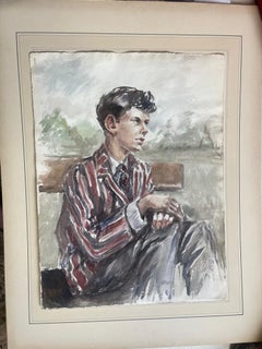 Mid Twentieth Century Impressionist Style Watercolour Portrait of Young Man