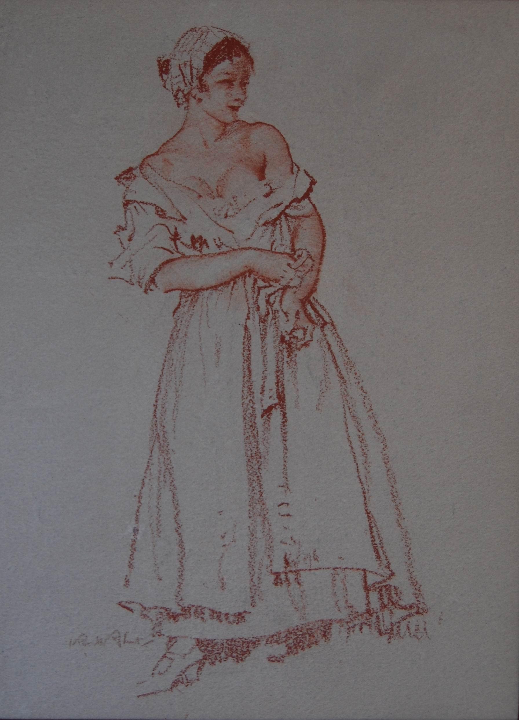 Beautiful famous model, semi-nude Conte Drawing by W Russell Flint well Framed