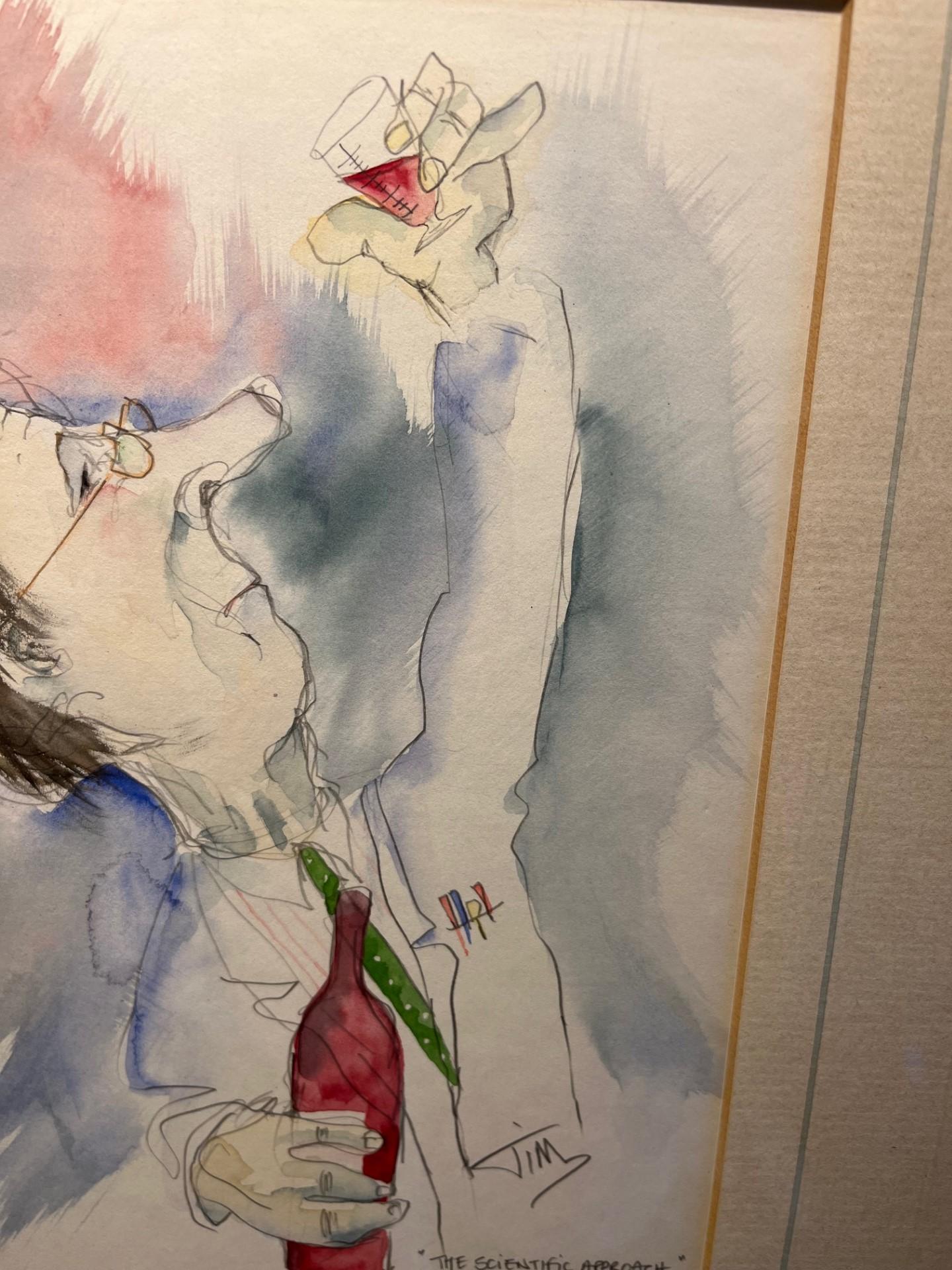 Cartone animato moderno ad acquerello - L'approccio scientifico Un uomo che beve vino - Art Moderno di tim bulmer