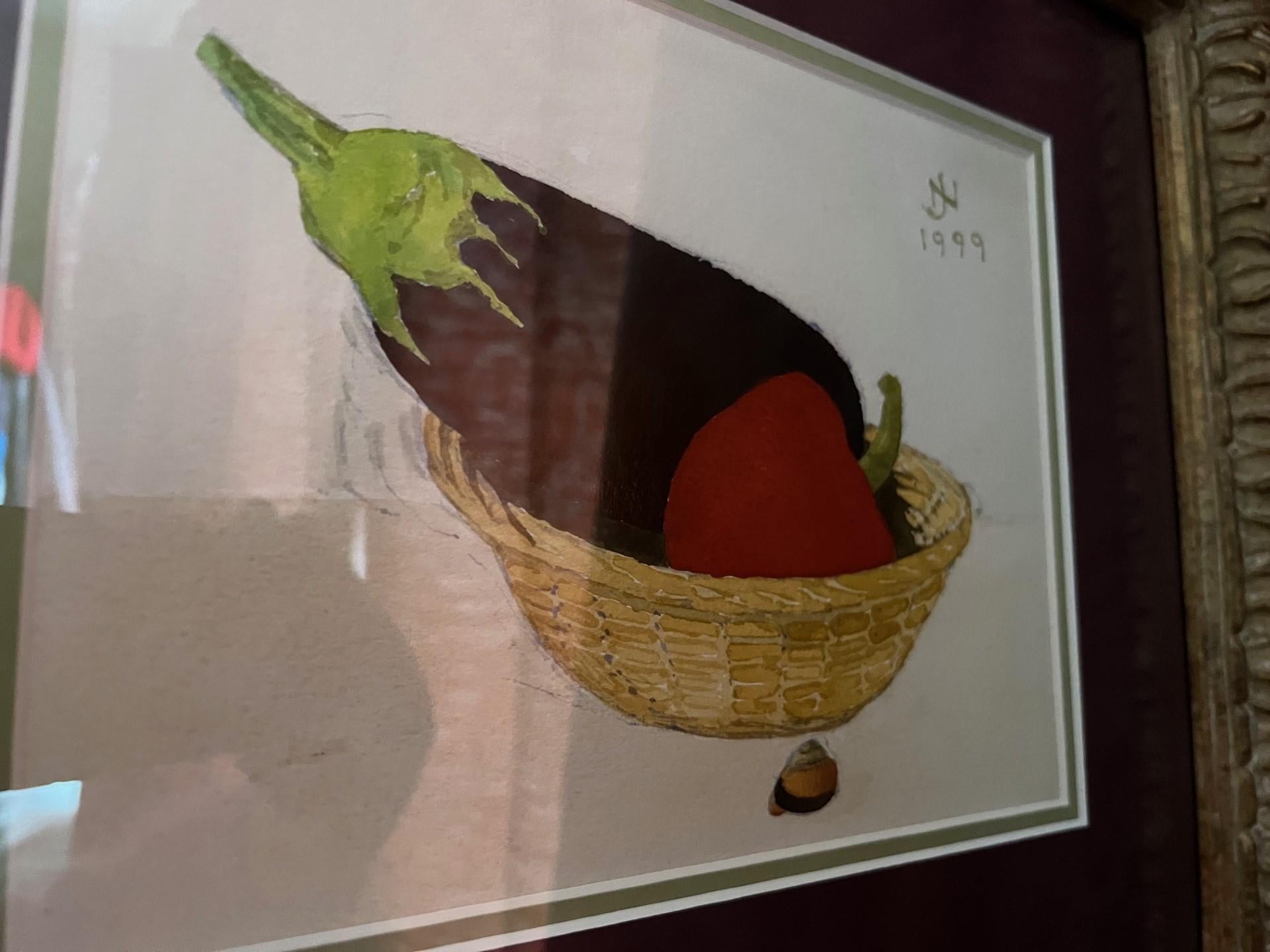 Still life of Aubergine and Red Pepper in a Basket in minimal style watercolour - Art by john napper