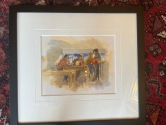 Three Cartoon style Frenchmen drinking in Bar Signed Original Watercolour