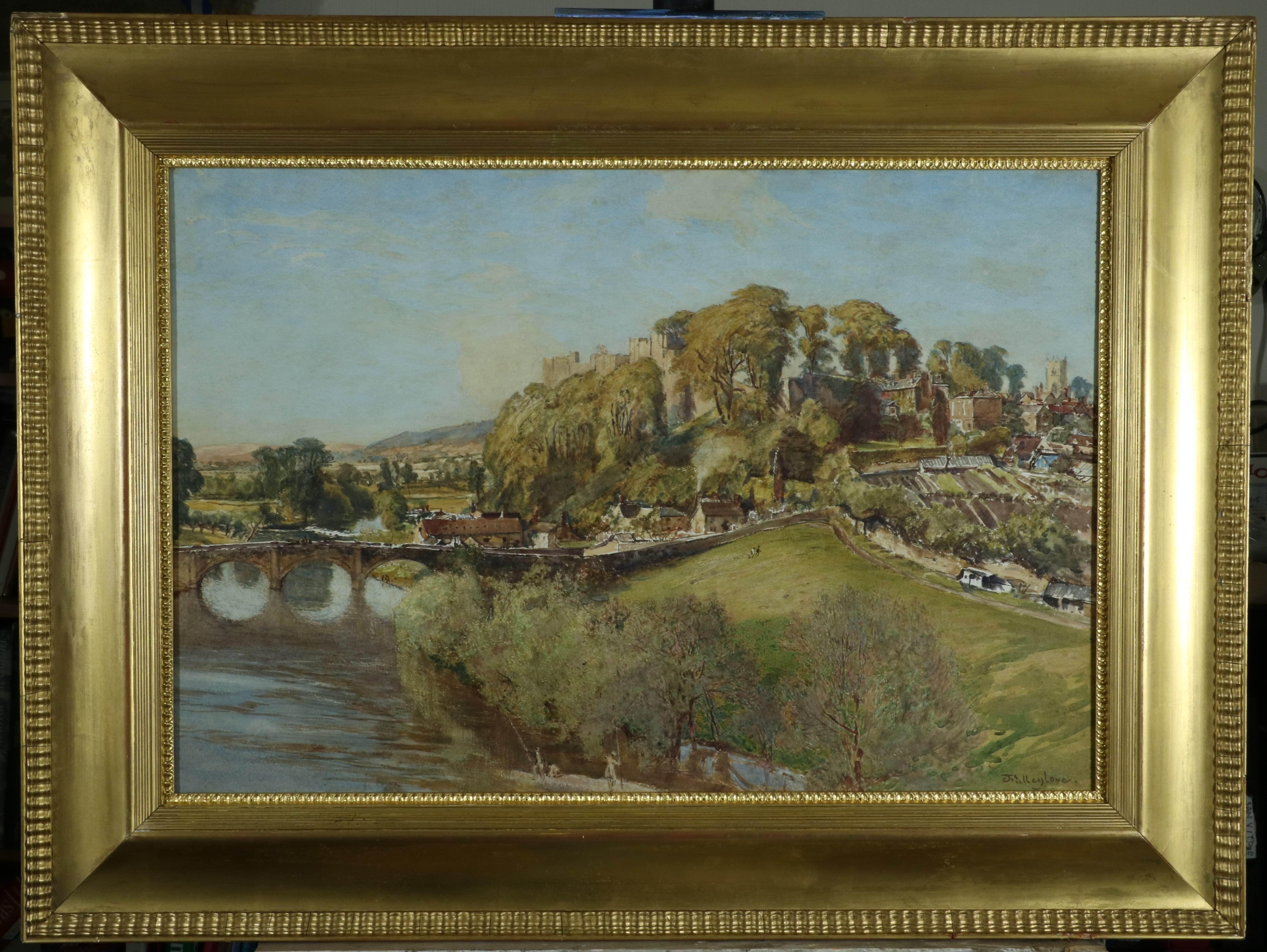Vue sur Dinham et le château de Ludlow, grande aquarelle d'un paysage du 19e siècle - Art de John Fulleylove