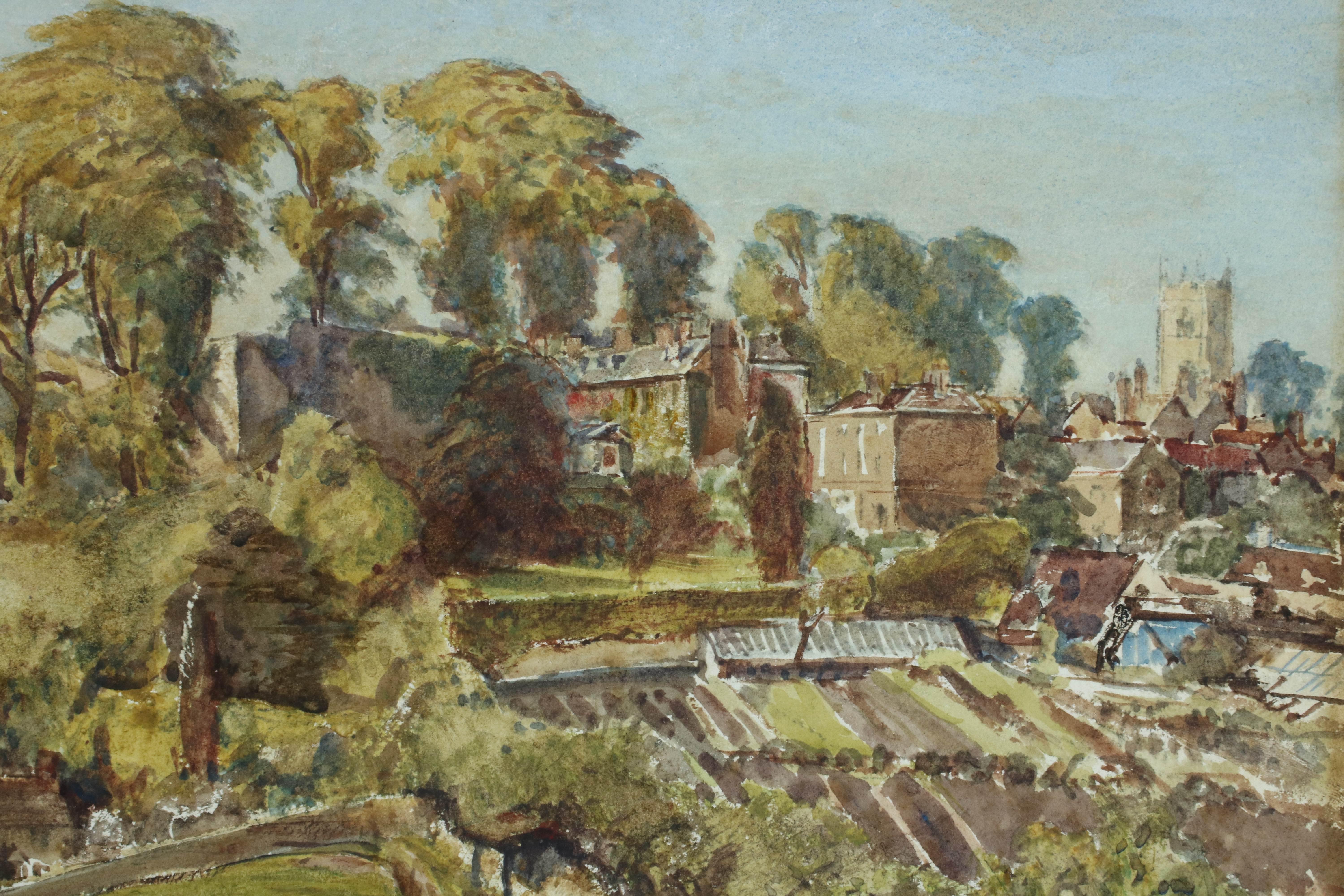 Vue sur Dinham et le château de Ludlow, grande aquarelle d'un paysage du 19e siècle en vente 1