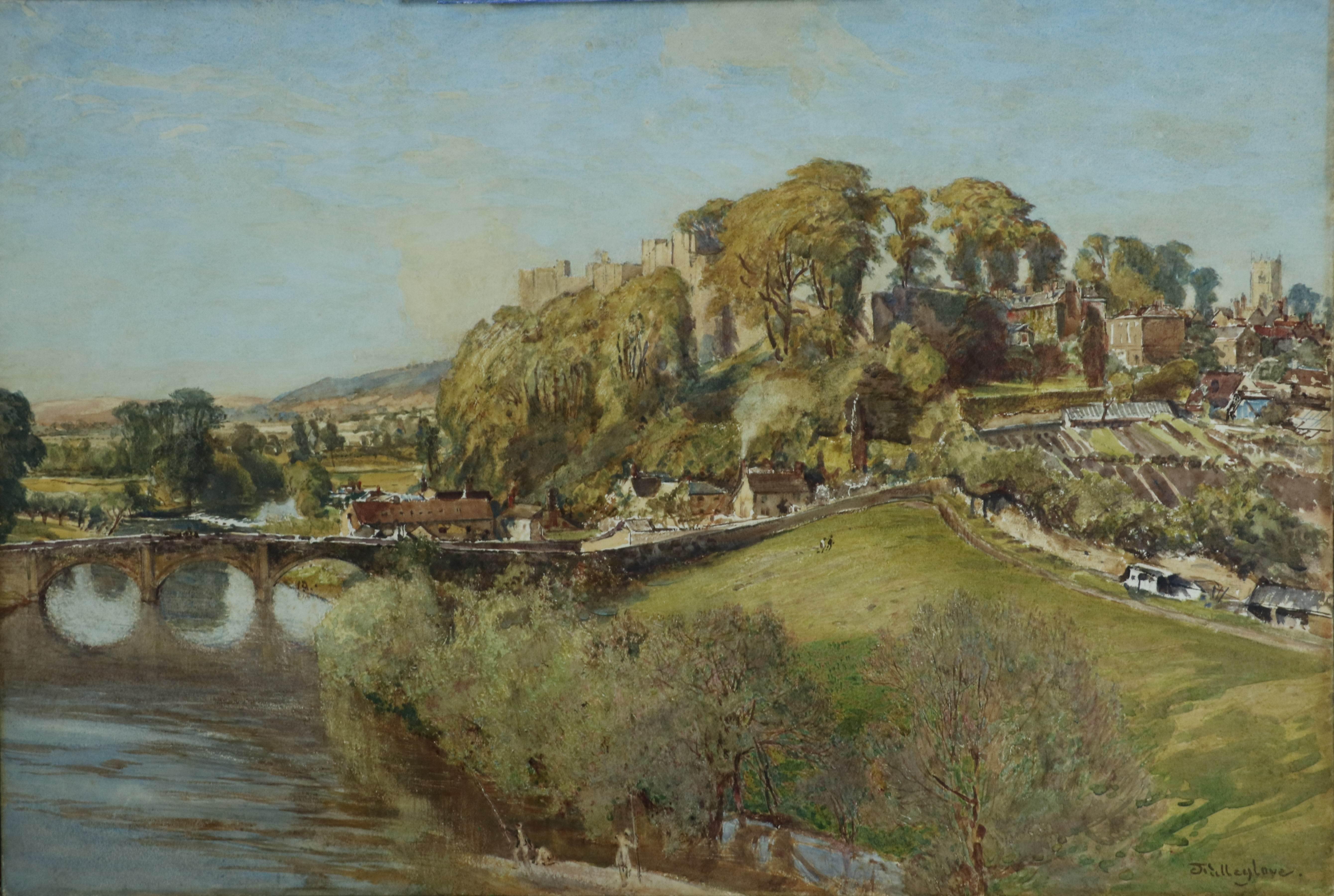 Viktorianische Landschaft, detailliertes großes Aquarell des Schlosses Ludlow und der Stadt Ludlow