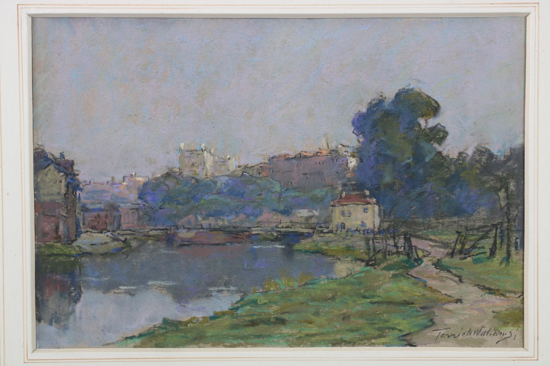 Paesaggio a pastello impressionista del primo Novecento con canale, Leydon Olanda - Art di Terrick Williams