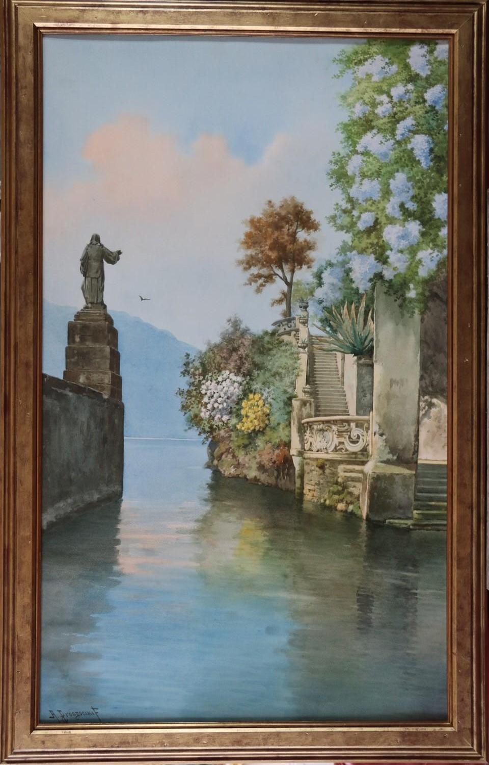 Paesaggio dei primi del Novecento Villa sul lago di Como Acquerello sui laghi italiani