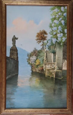 Paesaggio dei primi del Novecento Villa sul lago di Como Acquerello sui laghi italiani