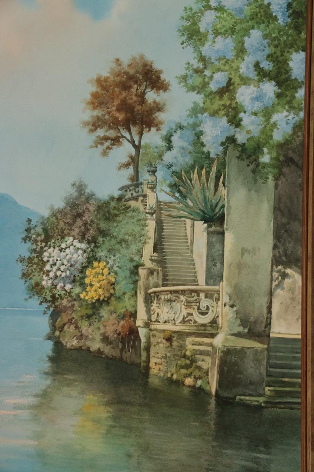 Paesaggio dei primi del Novecento Villa sul lago di Como Acquerello sui laghi italiani in vendita 7