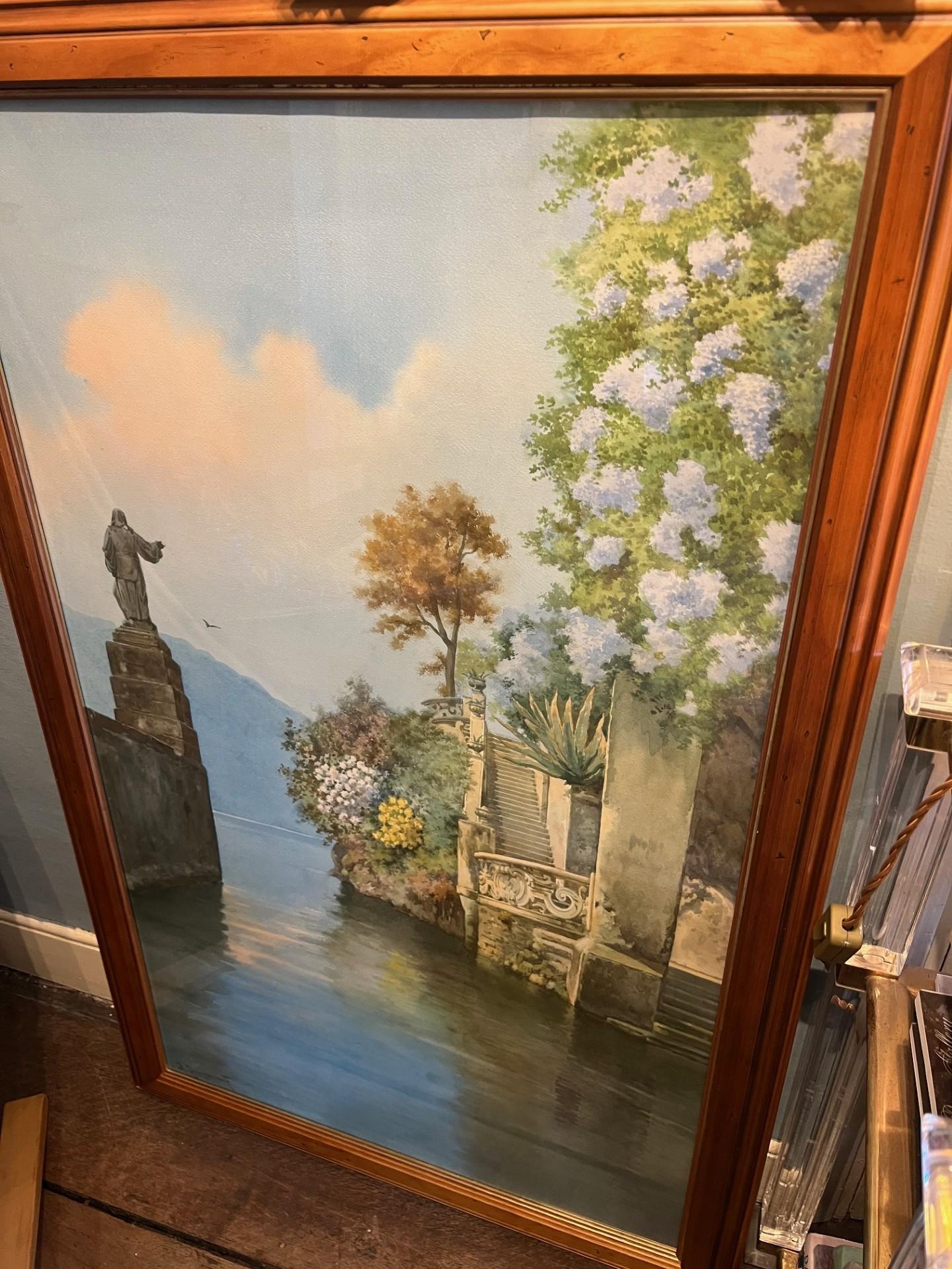 Paesaggio dei primi del Novecento Villa sul lago di Como Acquerello sui laghi italiani in vendita 2
