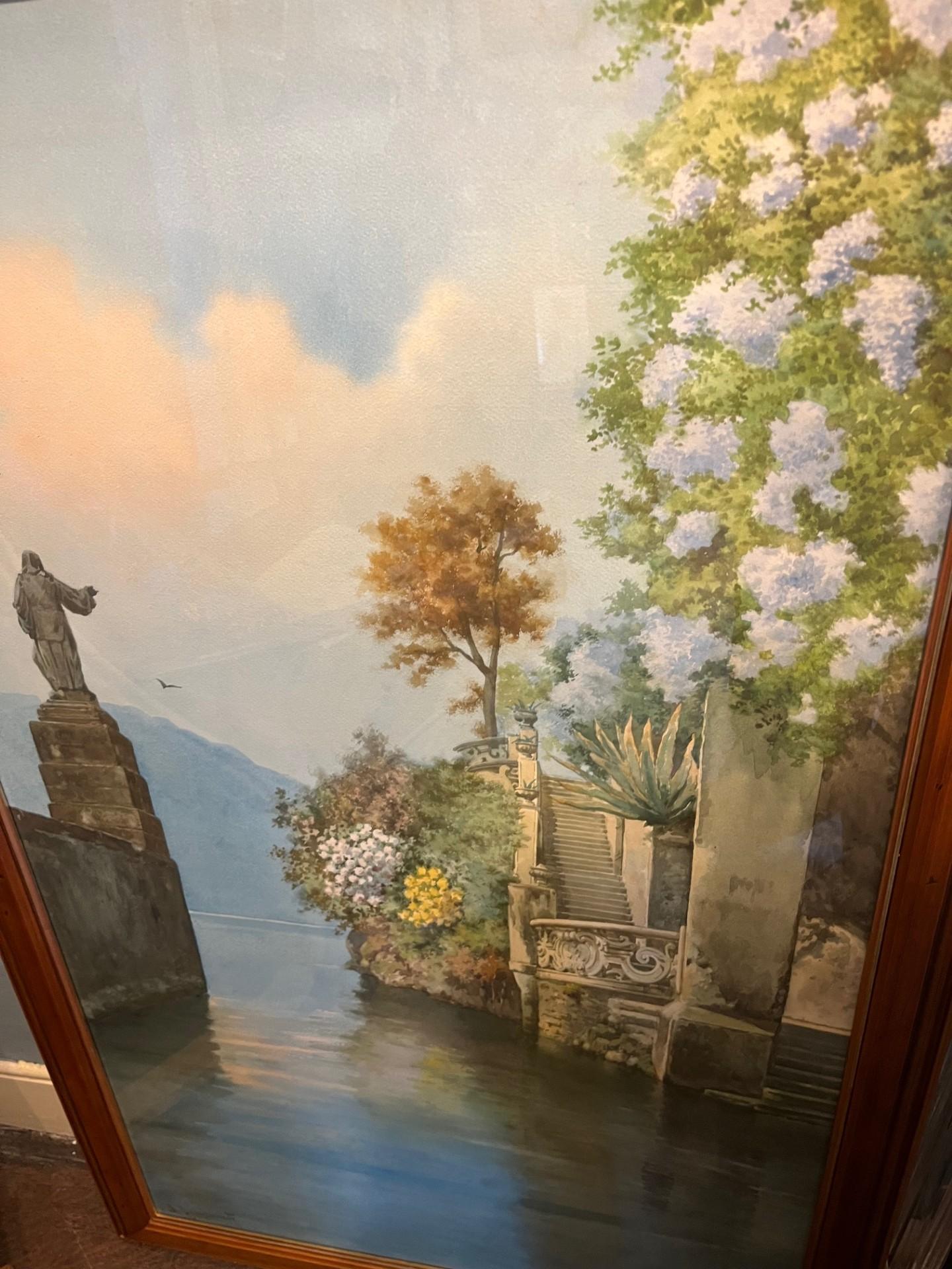 Paesaggio dei primi del Novecento Villa sul lago di Como Acquerello sui laghi italiani in vendita 1