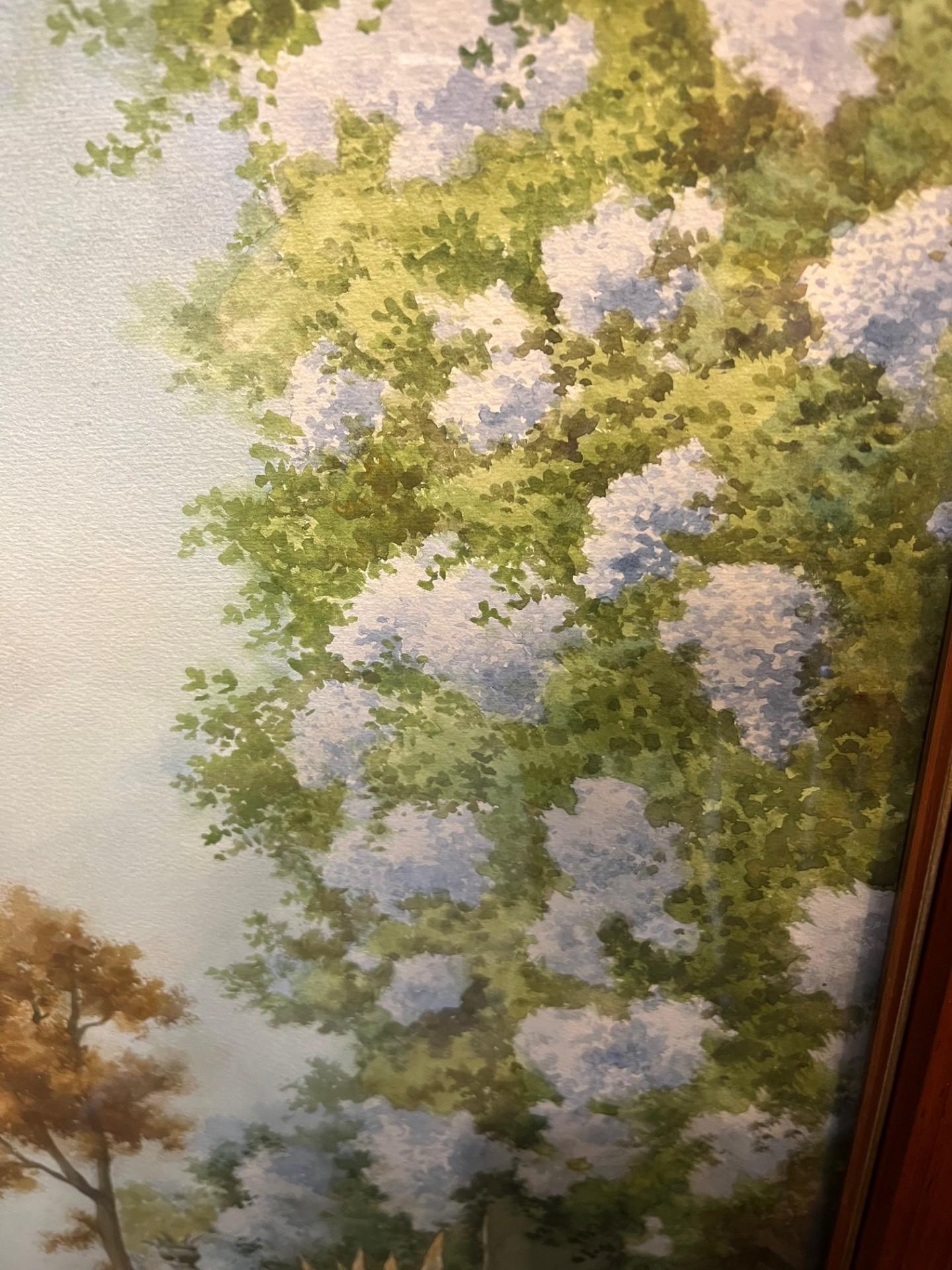 Paesaggio lacustre italiano del primo Novecento: grande acquerello della Villa Balbianello vicino a Bellagio, sul Lago di Como.  Questa è una delle vedute più iconiche di Villa Balbianello, che mostra la scalinata che sale dall'acqua e i bellissimi
