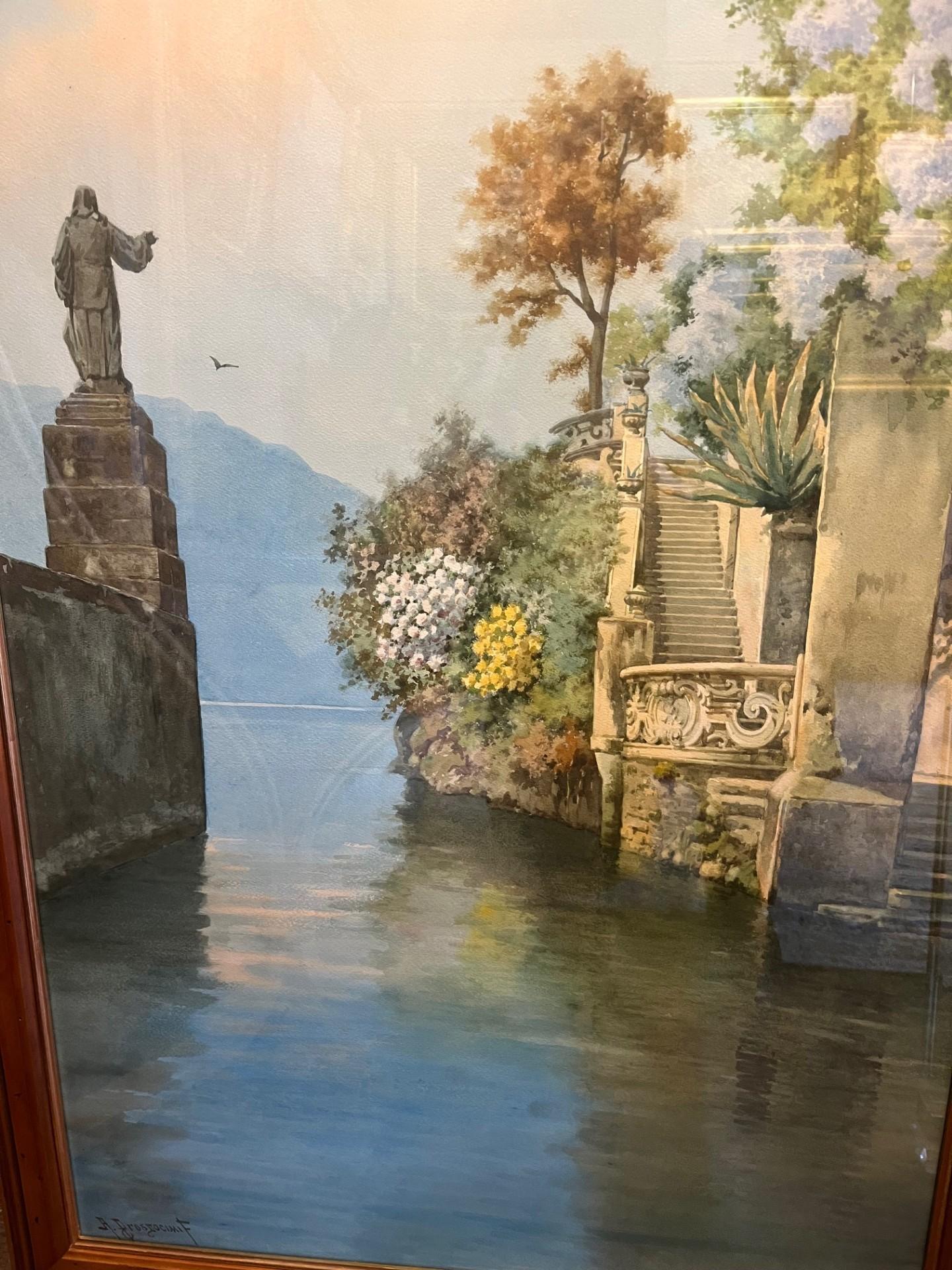 Paesaggio dei primi del Novecento Villa sul lago di Como Acquerello sui laghi italiani in vendita 3