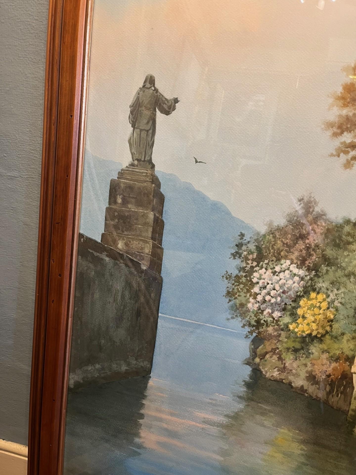 Paesaggio dei primi del Novecento Villa sul lago di Como Acquerello sui laghi italiani in vendita 5