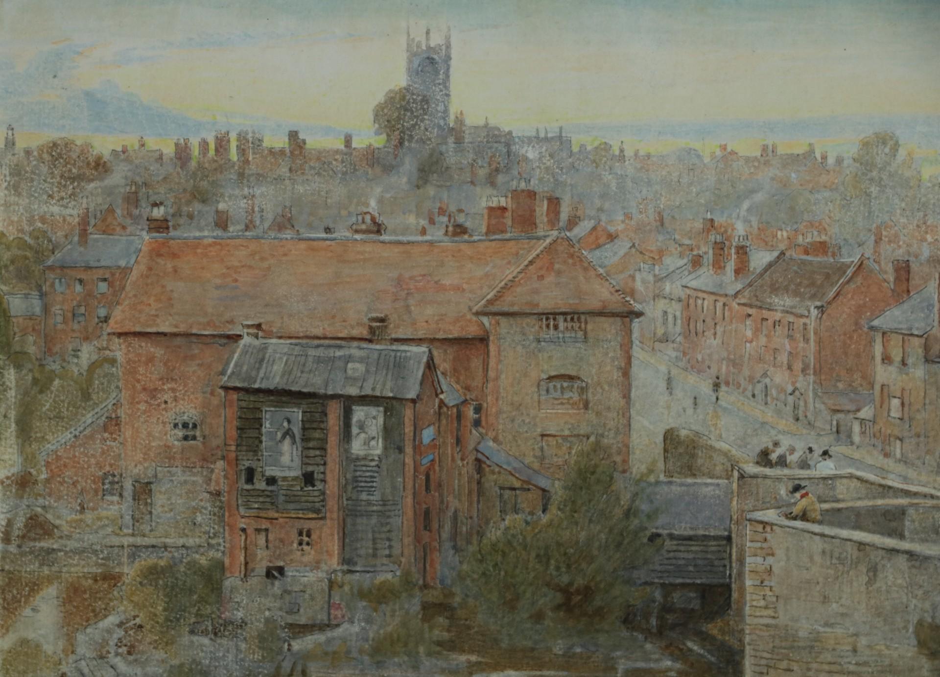 Paesaggio di mulino sul fiume, acquerello del primo Novecento  Ludlow, Inghilterra - Art di Harry Goodwin