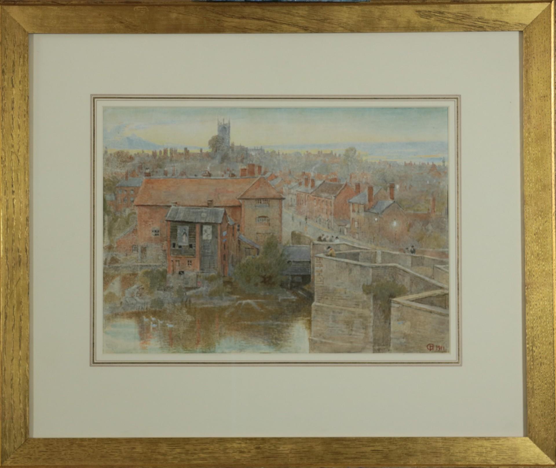 Paesaggio di mulino sul fiume, acquerello del primo Novecento  Ludlow, Inghilterra - Landscape Art Grigio di Harry Goodwin
