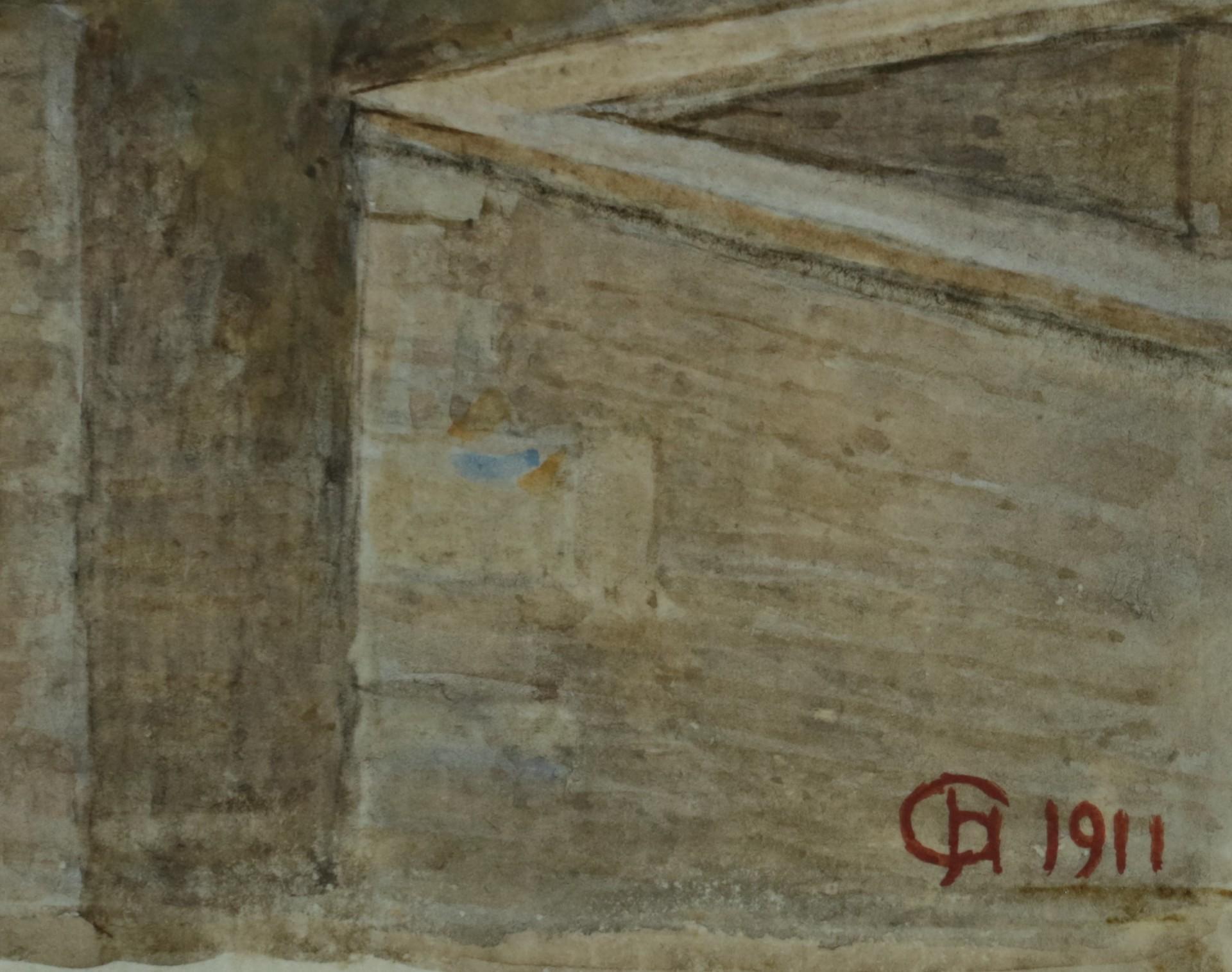 Paesaggio acquerellato vittoriano del primo Novecento di un mulino a piene mani sul fiume Teme, Ludlow.  Una rara veduta del Mulino sul Ponte di Ludford prima del primo dei due incendi che lo danneggiarono, uno nel 1908 e l'altro nel 1955.  È