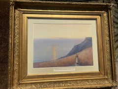 Victorian Cornish Sunset Landscape Watercolour of Young Lady on Coastal Path