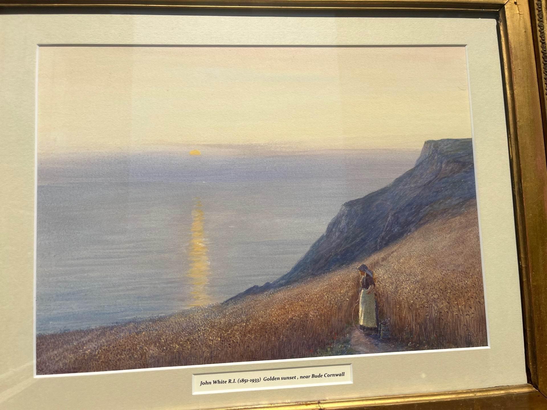Victorian Cornish Sunset Landscape Watercolour of Young Lady on Coastal Path For Sale 3