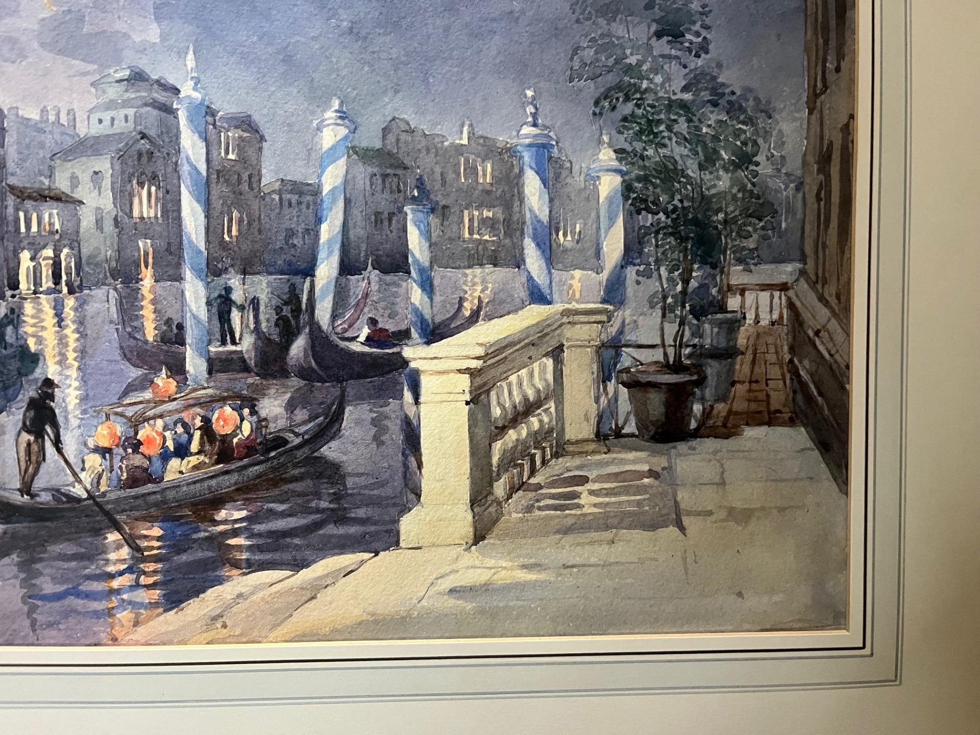 Mid Twentieth Century Impressionist Watercolour of Gondolas lit by Chines Lanterns on the Grand Canal, Venice.
This is an Unsigned (to the best of my knowledge, I have searched with magnifying glass for a signature or monogram) Watercolour Painting,