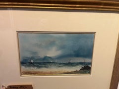 Acuarela impresionista de principios del siglo XX Cielo tormentoso y mar con barcos