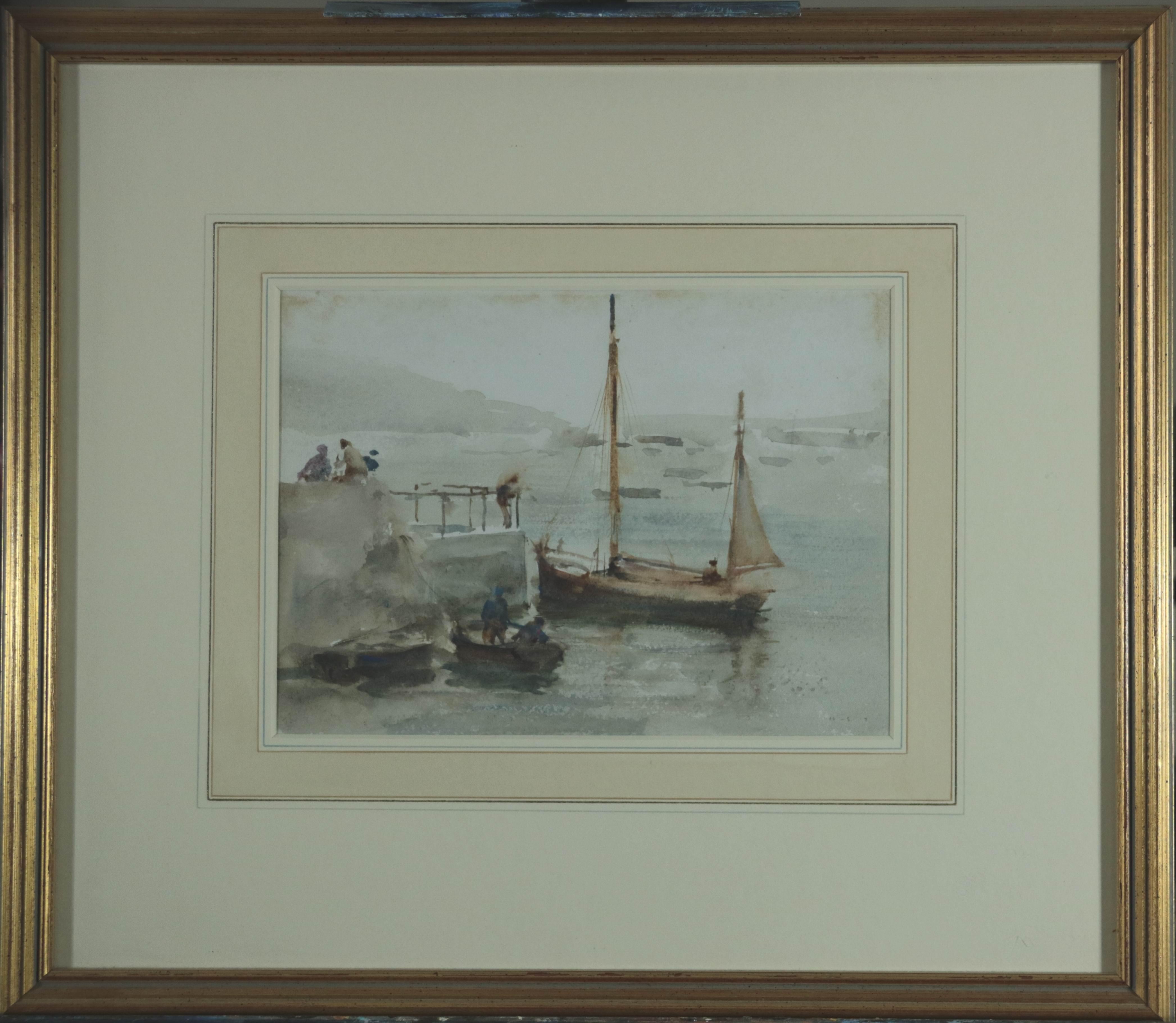 Victorian Early Twentieth Century Watercolor Marine of Boats and Figures at Quay - Gray Landscape Art by Henry Scott Tuke